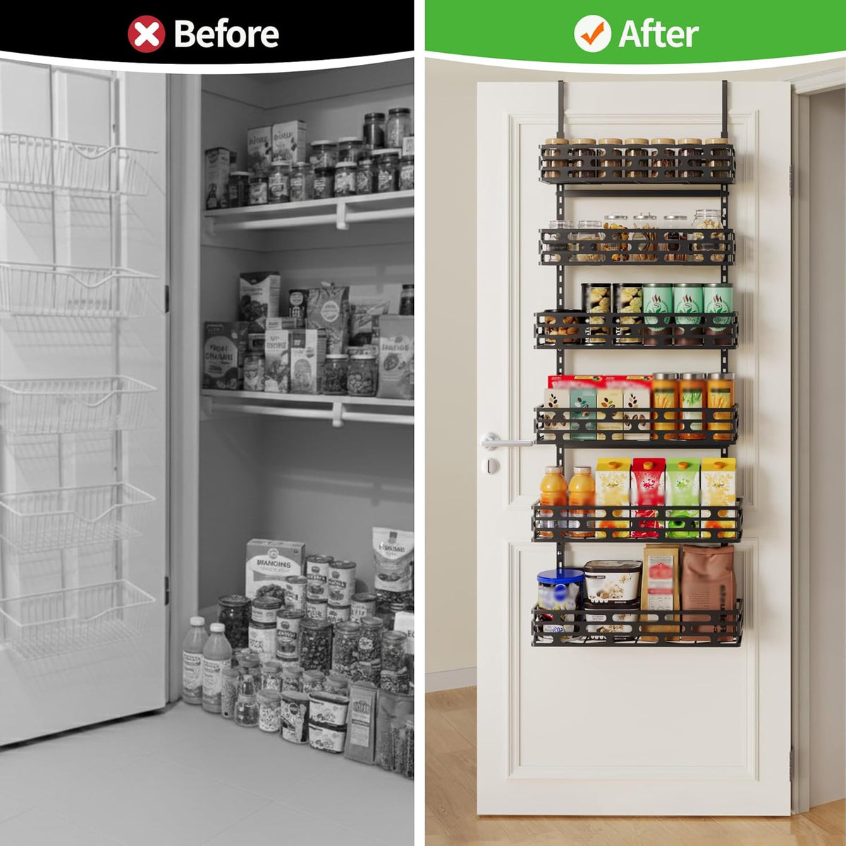 6-Tier Over the Door Pantry Organizer, Pantry Organization And Storage, Hanging Storage Organizer Spice Rack Metal Shelving for Home & Kitchen, Office Laundry Room Bathroom Black