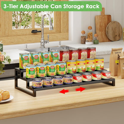 Dmevkic 3-Tier Expandable Can Organizer for Pantry,Adjustable 15''-25'' Metal Can Organizer Holds Up to 24 Cans,Can Holder for Pantry Kitchen Cabinet Countertop,Black