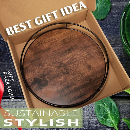 9" Acacia Wood Lazy Susan Turntable, Tomoaza Kitchen Organizer Turntable with Steel Sides, 360 Degree Lazy Susan for Countertop Cabinet or Dining Table