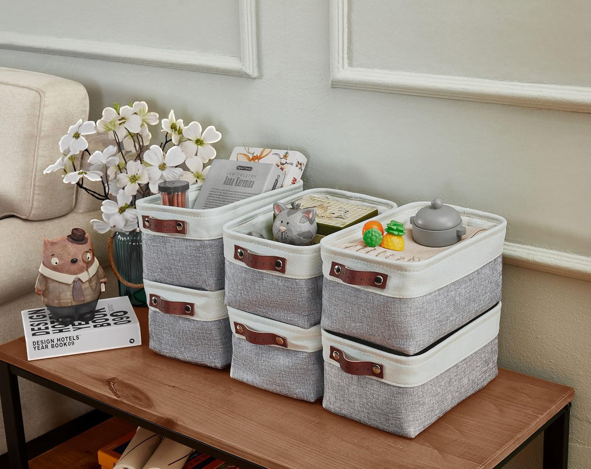 DECOMOMO Storage Bins, Large Fabric Storage Baskets for Shelves, Decorative Linen Closet Organizer, 15 x 11 x 9.5 inches (Beige & White, 3 Pack)