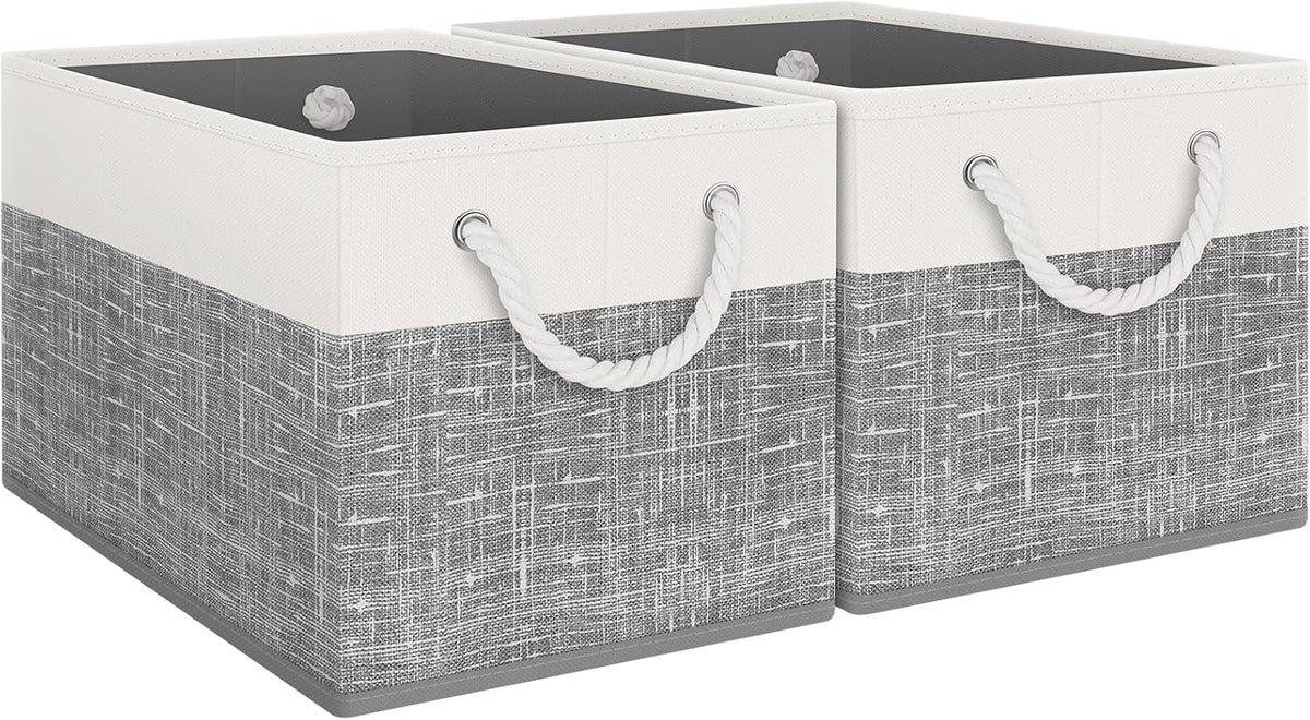 Fab totes Storage Bins, Foldable Storage Baskets for Organizing Toys, Books, Shelves, Closet, Large Storage Box with Rope Handles, Sturdy Organizer Bins, White & Grey