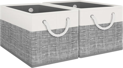Fab totes Storage Bins, Foldable Storage Baskets for Organizing Toys, Books, Shelves, Closet, Large Storage Box with Rope Handles, Sturdy Organizer Bins, White & Grey