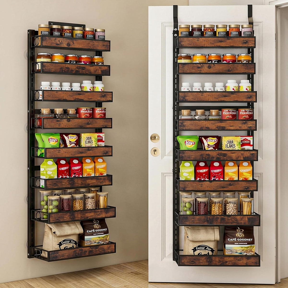 8 Tier Over The Door Pantry Orangizer 2 IN 1 Wall Mounted or Hanging Spice Rack with Adjustable Wood Basket,Heavy Duty Seasoning Storage Shelf for Kitchen Pantry and Bathroom