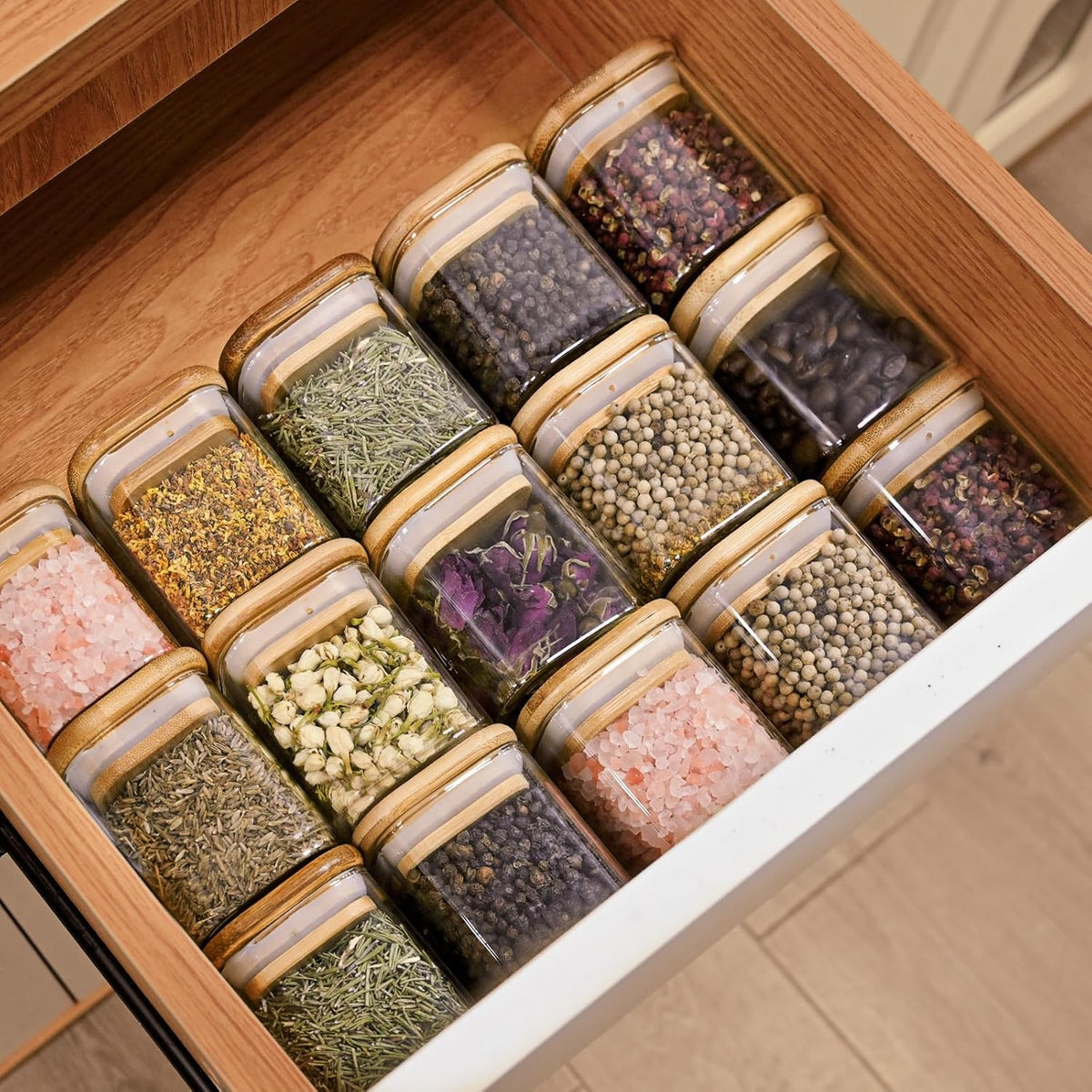 SHOWIN Glass Food Storage Jars Square 37oz, 4 Pack Glass Jars With Bamboo Lids, Kitchen Storage Containers For Spice, Candy, Cookie, Storage For Pantry Organizers