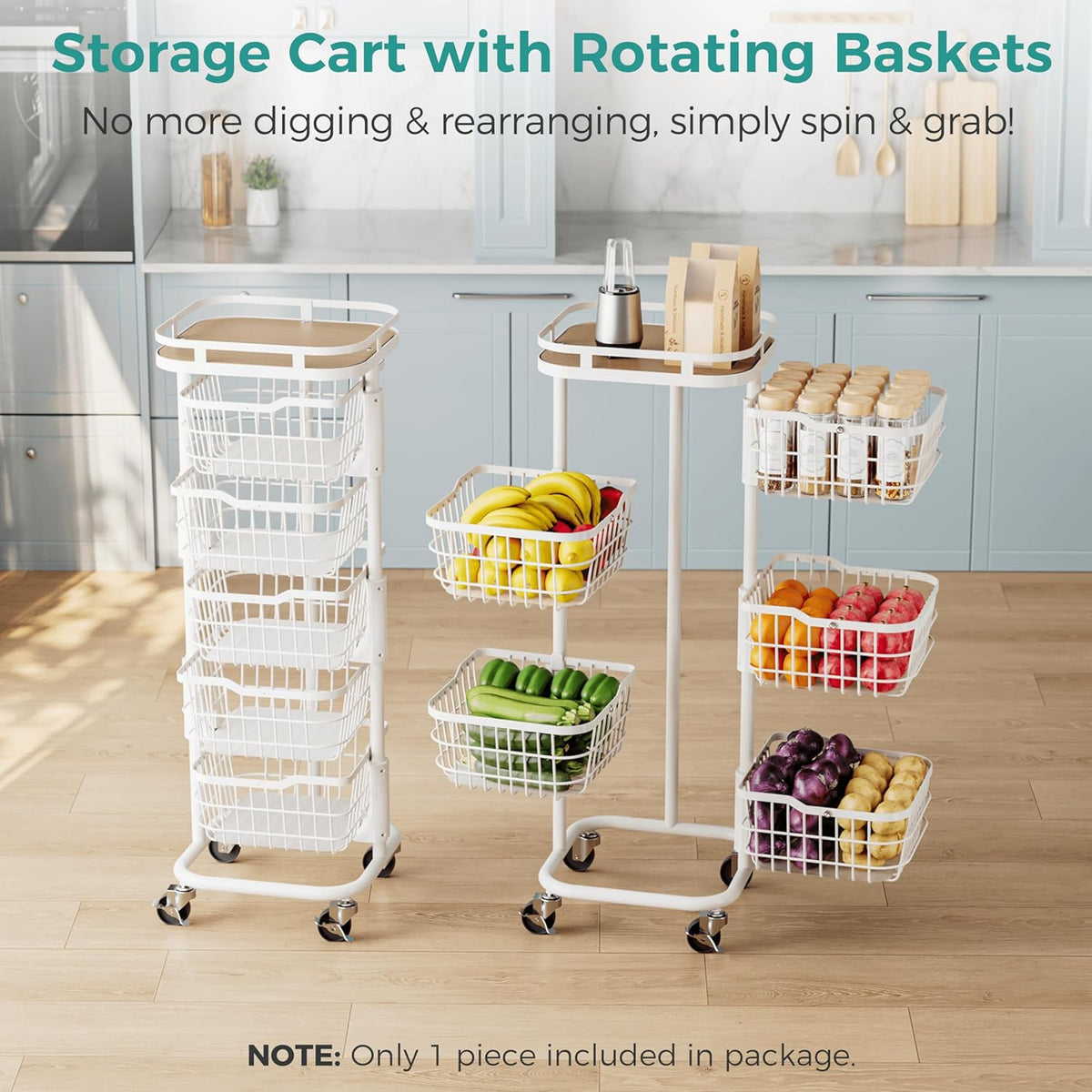 5 Tier Kitchen Fruit Vegetable Storage Cart with One-Piece Rotating Basket, Pantry Organizer Shelf Rack Floor Stand for Veggie Onion Potato Produce Spice, Rolling Snack Cart on Wheels, Black