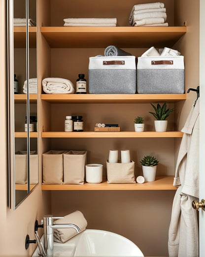 DECOMOMO Storage Bins, Large Fabric Storage Baskets for Shelves, Decorative Linen Closet Organizer, 15 x 11 x 9.5 inches (Beige & White, 3 Pack)