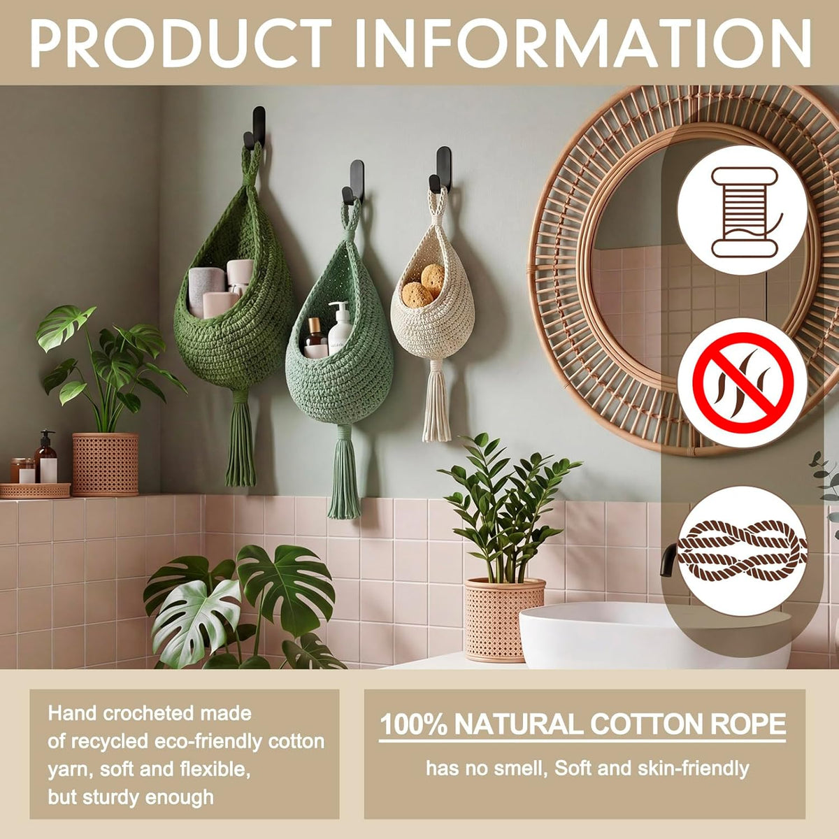 Honeydak Boho Decor Hanging Wall Baskets for Kitchen 3 Pack Teardrop Baskets with Hooks Storage Fruit Onion Vegetable Potato for Home 3 Sizes(Linen,Teardrop,Jute)