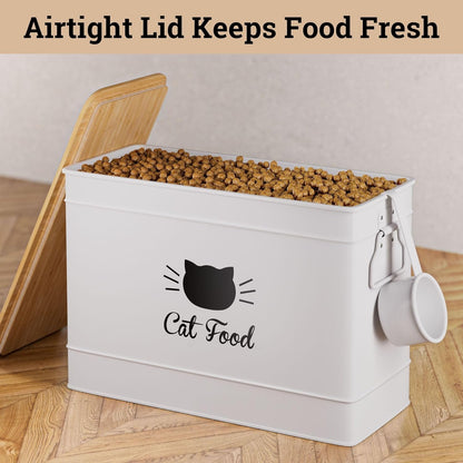 Cat Food Storage Container with Scoop - 15 lb (50 Cup) Capacity Metal Cat Food Container with Airtight Bamboo Lid & Metal Scoop - Airtight Pet Food Storage Containers - 15 lb Treats & Kibble Container