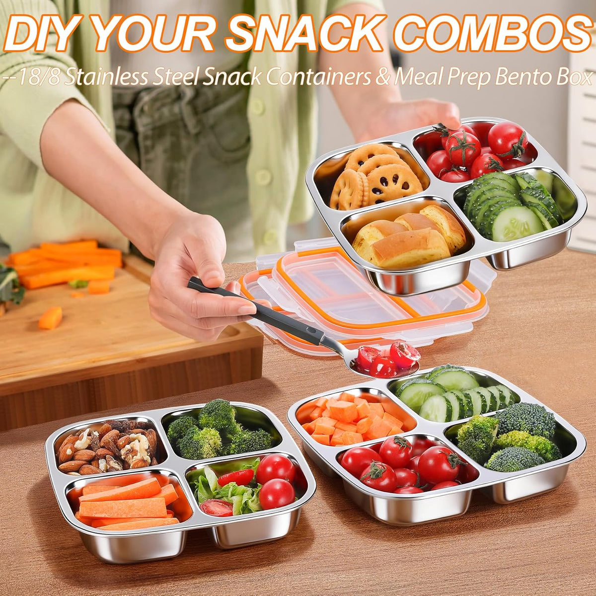 KTKUDY Stainless Steel Snack Containers - Divided Bento Snack Box - 4 Compartment Meal Prep Lunch Containers for Kids Daycare, School, Work, Travel