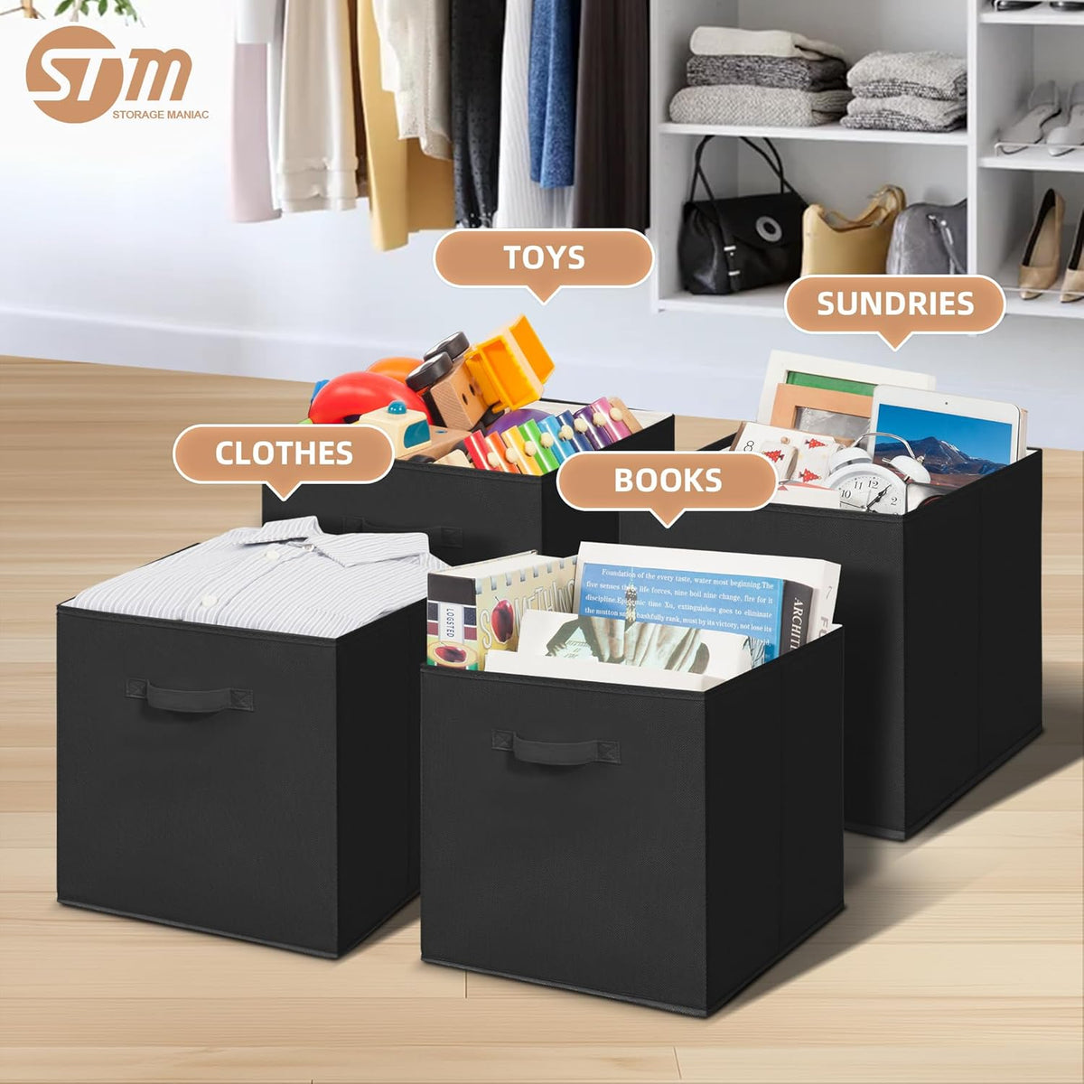 STORAGE MANIAC Storage Cubes, 11 Inch Durable 6 Pack Fabric Foldable Collapsible Bins with Handles for Organization, Closet, Shelves, Offices, Toys, Black