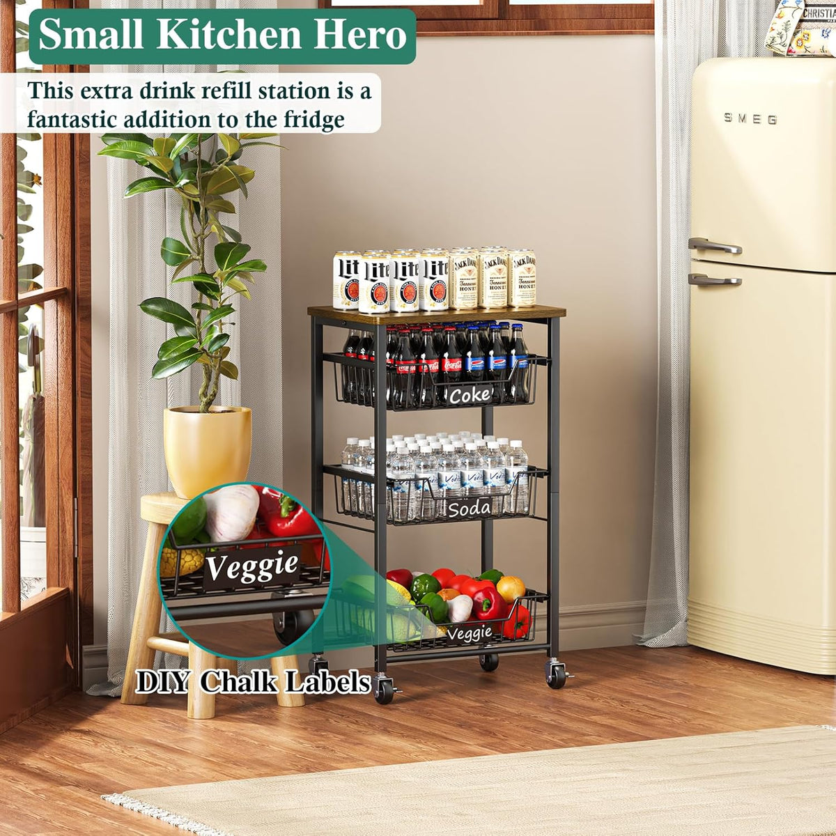 OKZEST 4-Tier Kitchen Storage Cart on Wheels – Mobile Fruit Basket Stand with Drawers & Wooden Top, Small Rolling Pantry Shelf for Potatoes, Onions, Bottled Drinks, Cans, Snacks – Includes 3 PE Liners