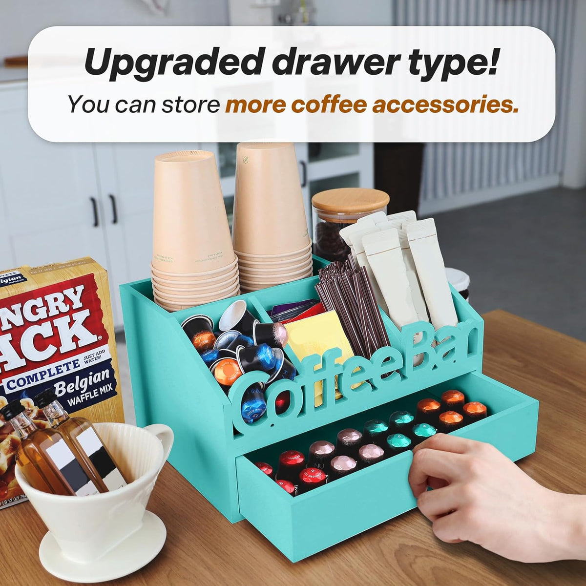 Coffee Bar Organizer for Countertop – Wooden Coffee Caddy with Compartments for Pods, Sugar Packets, and Accessories – Coffee Condiment Station Storage for Home and Office (Black)