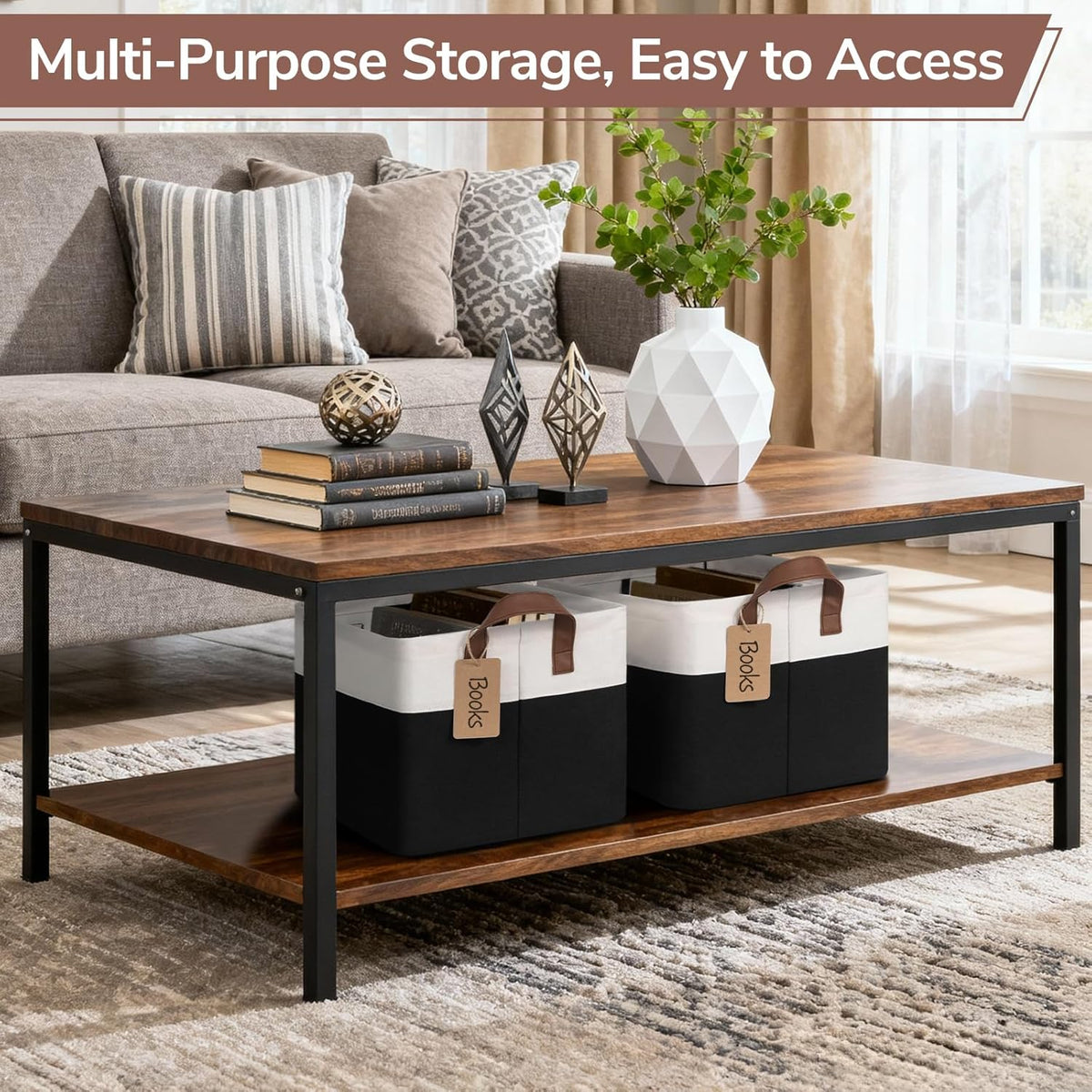CHICVITA 4 Pack Large Storage Baskets for Shelves, Collapsible Closet Organizer Bins with Metal Frame, Fabric Storage Bins for Clothes Towels Organization, 16.8" x 11" x 9.8", Beige