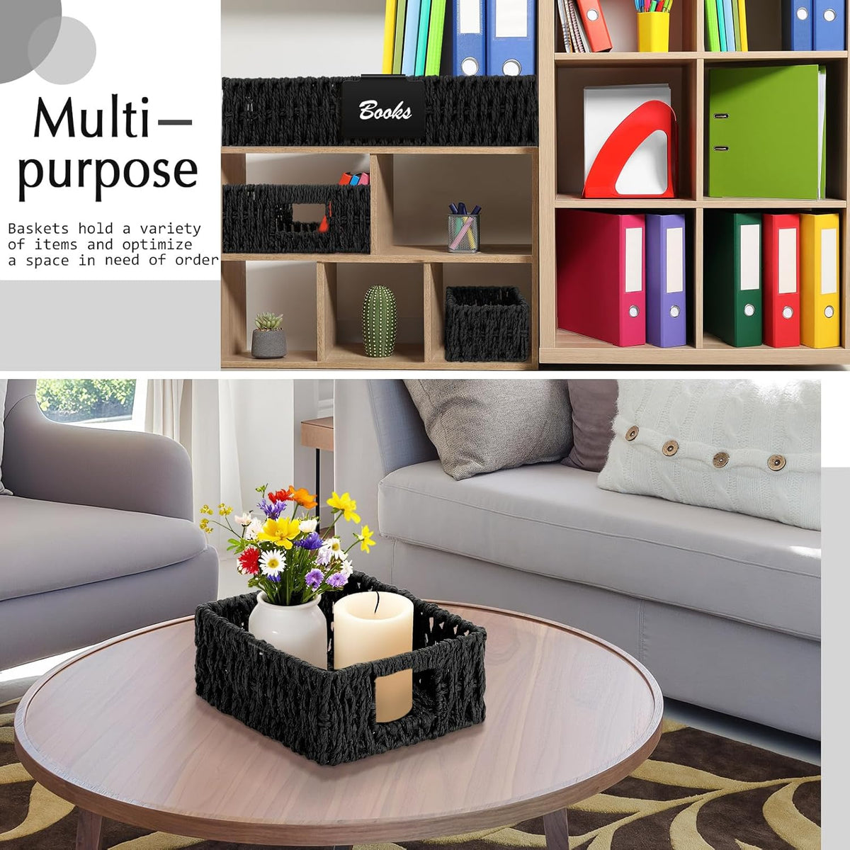 Marsui 9 Pcs Wicker Storage Baskets for Pantry Organization with Handle Labels Handwoven Multi-size Dark Brown Small Organizer Baskets Storage Bin Container for Shelves Closet Toilet Christmas Holiday