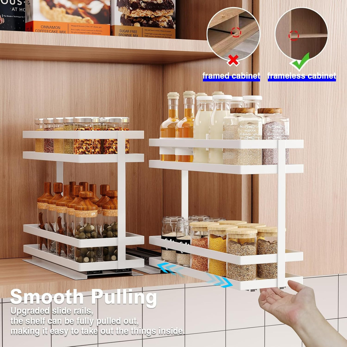 Mustorn 2 Pack Pull Out Spice Rack Organizer for Cabinet, 2 Tier Metal Slide Out Seasoning Organizer and Storage Heavy Duty Vertical Spice Rack Shelf Pullout for Kitchen Cabinets No Drilling (Black)