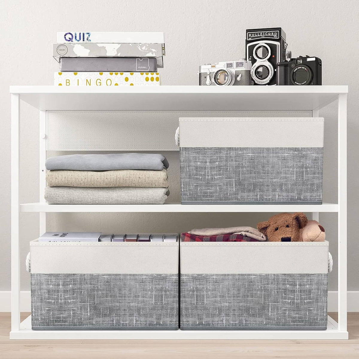 Fab totes Storage Bins, Foldable Storage Baskets for Organizing Toys, Books, Shelves, Closet, Large Storage Box with Rope Handles, Sturdy Organizer Bins, White & Grey