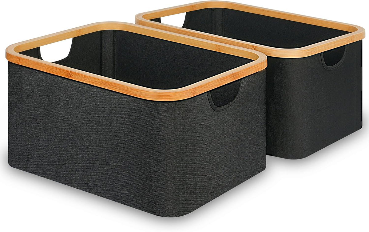 efluky Storage Baskets for Organizing, Fabric Storage Bins with Bamboo Handles, Collapsible Storage Baskets for Shelves and Closet (Black, 16.2'' x 13'' x 9.1'')