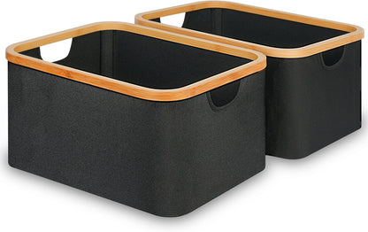 efluky Storage Baskets for Organizing, Fabric Storage Bins with Bamboo Handles, Collapsible Storage Baskets for Shelves and Closet (Black, 16.2'' x 13'' x 9.1'')