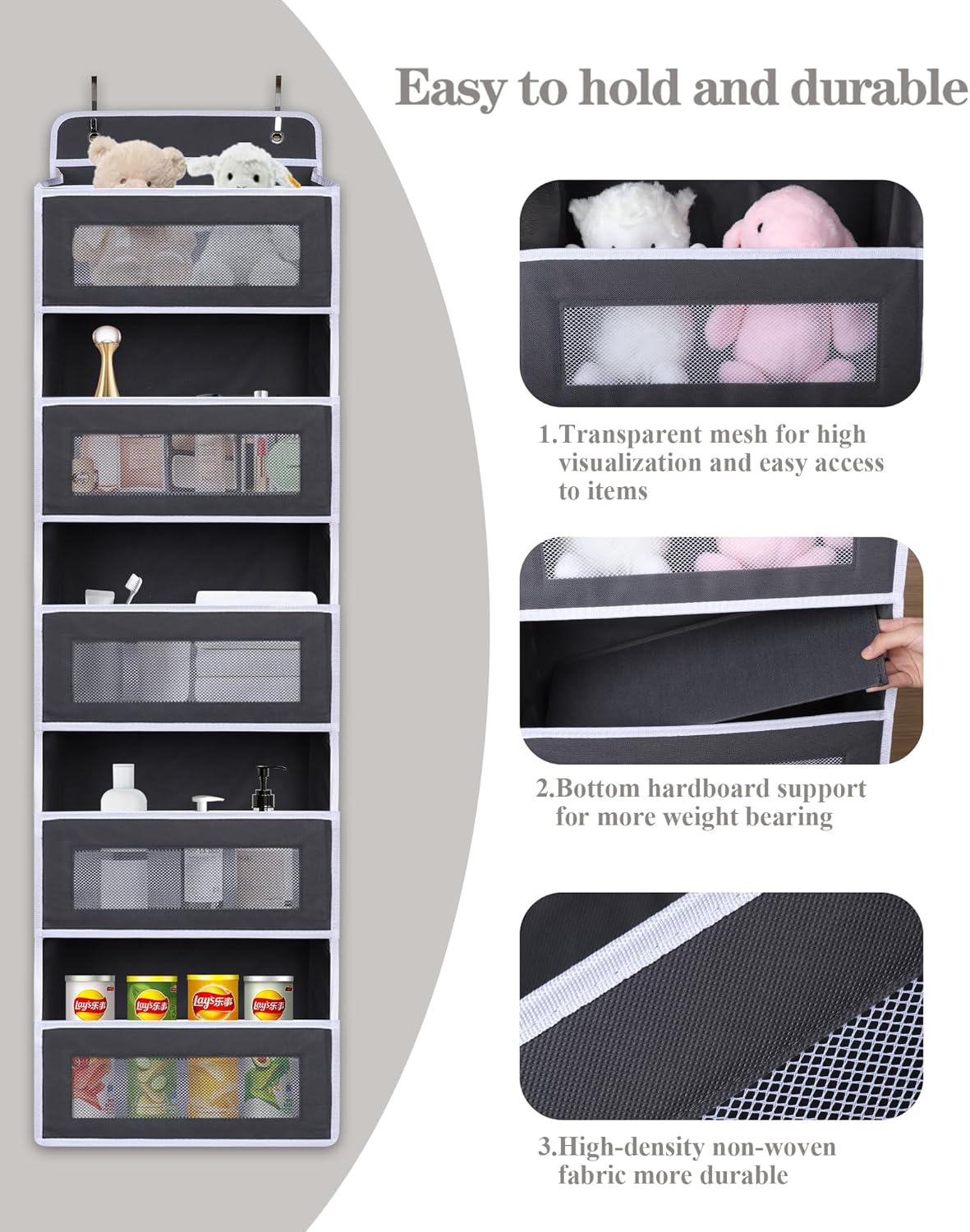 Over The Door Organizer 44LB Capacity with 5 Large Pockets & 10 Mesh Side Pockets, Clear Window Anti-Tilt Hanging Storage for Nursery, Bathroom, Pantry - Dark Grey, 1 Pack