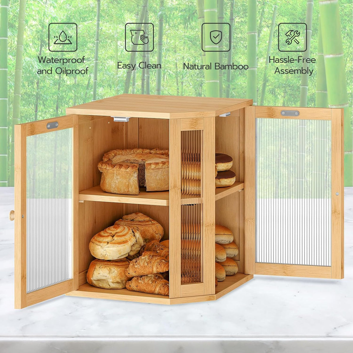 HOOBRO Bamboo Bread Box, Kitchen Countertop Corner Bread Box, Large Capacity 2-Tier Bread Container, Bread Storage Container with Dual Rippled Acrylic Doors, for Kitchen Food Storage, Natural YL12MB01