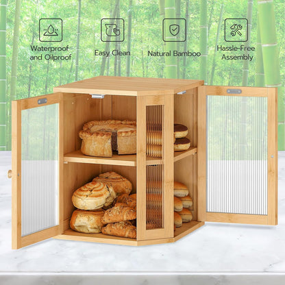 HOOBRO Bamboo Bread Box, Kitchen Countertop Corner Bread Box, Large Capacity 2-Tier Bread Container, Bread Storage Container with Dual Rippled Acrylic Doors, for Kitchen Food Storage, Natural YL12MB01