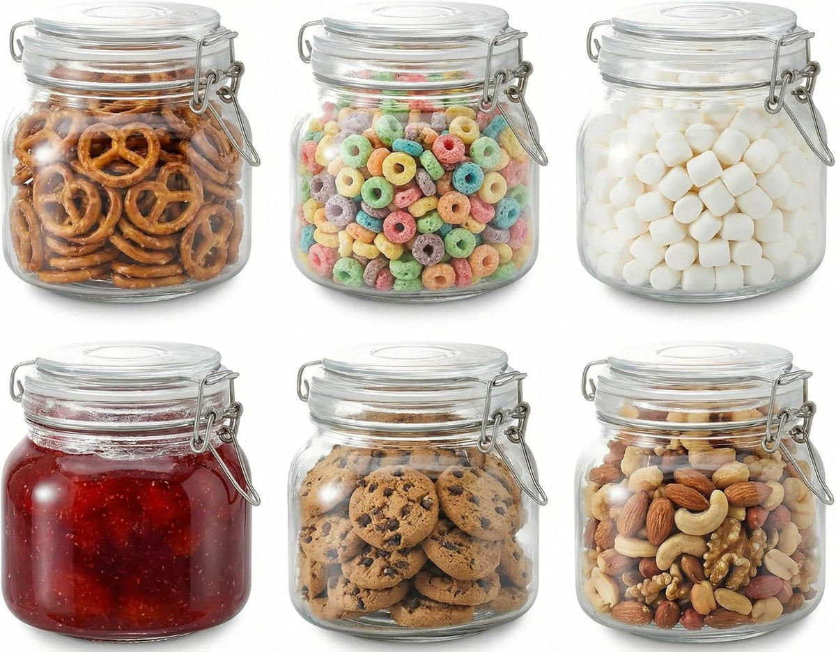 17oz Airtight Glass Jars, 6 Pack Clamp Lid Canisters, Small Food Storage Containers for Spices, Nuts, Snacks, Canning Jar for Jams & Pickling, Pantry Organization