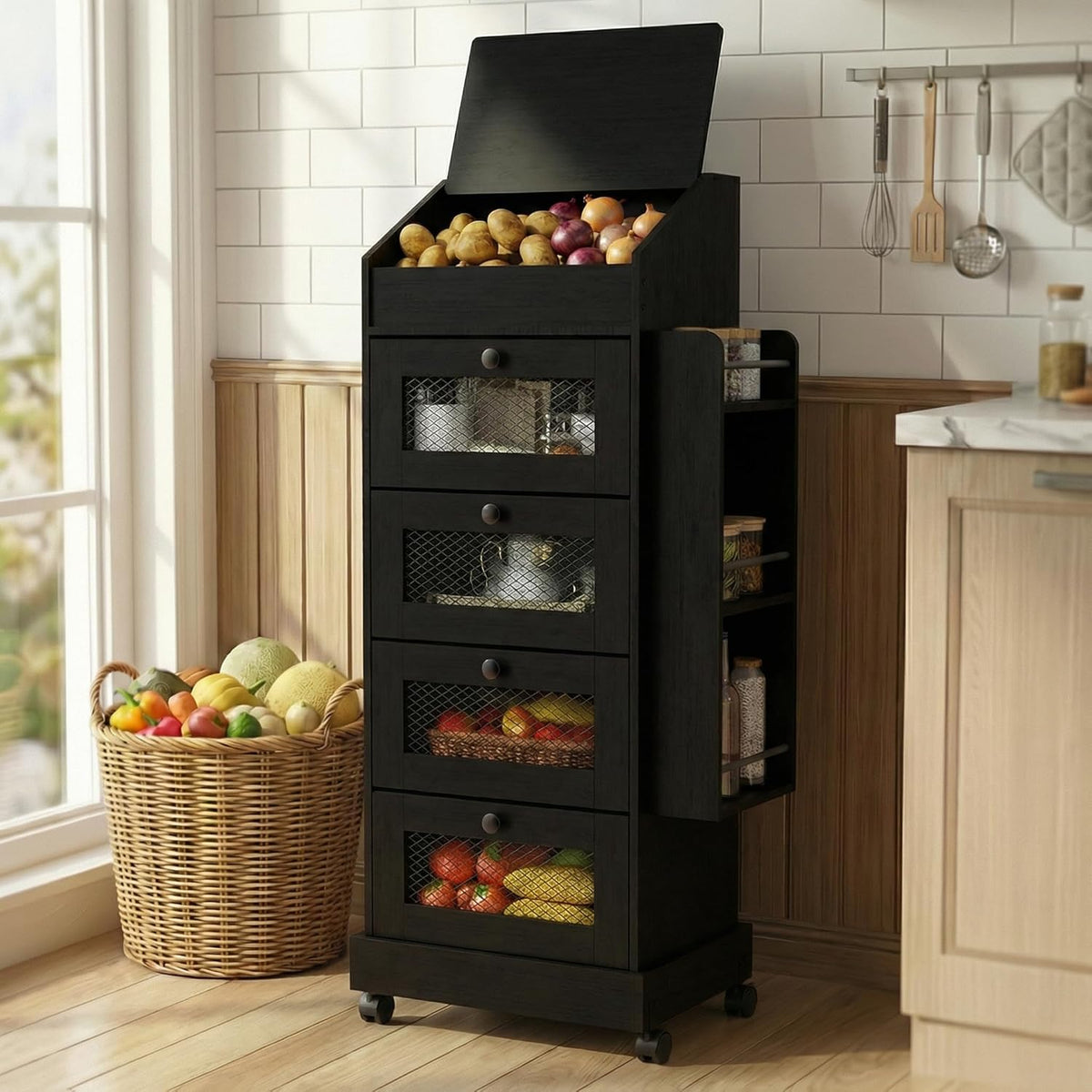 ARTETHYS Potato and Onion Storage Bin for Pantry 5-Tier Rolling Fruit and Vegetable Organizer with Spice Rack on Wheels Movable Large Bread Box Cabinet with 4 Ventilated Drawers for Kitchen, Rustic