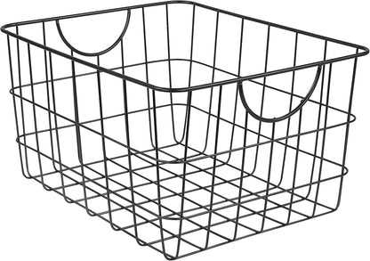Spectrum Large Wire Basket with Handle Black Metal Utility Storage Bin for Organizing Kitchen Pantry Cabinets Closet and Garage Shelves, Steel Metal Basket Storage Organizer Bin with Handle