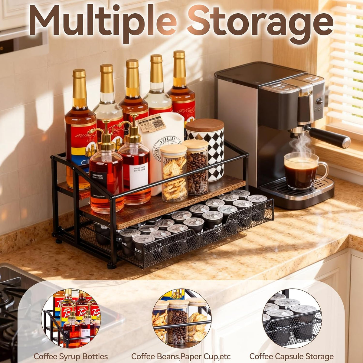kimilus Coffee Syrup Rack Organizer, 4-Tier 12 Bottle Syrup Rack with 35 K Cup Drawer for Coffee Bar, Countertop Bottle Holder Stand for Dressing for Kitchen Cafe Station