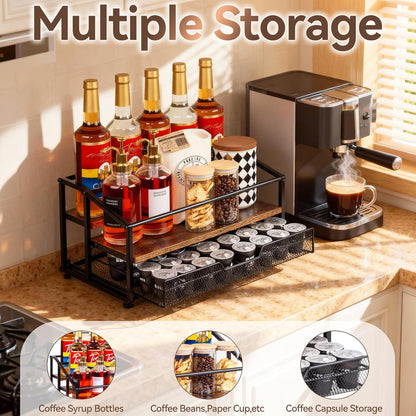 kimilus Coffee Syrup Rack Organizer, 4-Tier 12 Bottle Syrup Rack with 35 K Cup Drawer for Coffee Bar, Countertop Bottle Holder Stand for Dressing for Kitchen Cafe Station