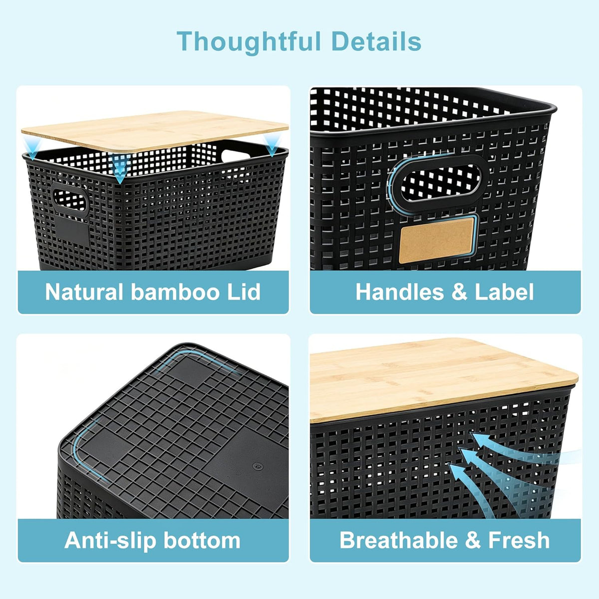 Bagnizer Small Plastic Storage Bins with Bamboo Lids 5.2qt Stackable Box Basket Pantry Decorative Containers Cute with Labels for Organizing Desktop Closet Office Cream White of 10*7.2*4.1"