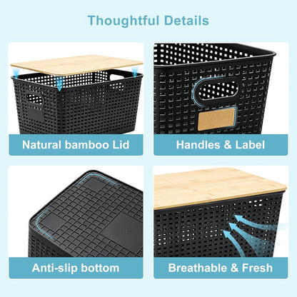Bagnizer Small Plastic Storage Bins with Bamboo Lids 5.2qt Stackable Box Basket Pantry Decorative Containers Cute with Labels for Organizing Desktop Closet Office Cream White of 10*7.2*4.1"