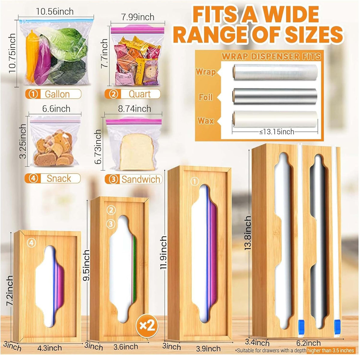 6 In 1 Bag Storage Organizer with Foil and Plastic Wrap Organizer, Extended Aluminum Foil Dispenser, Bamboo Baggie Organizer for Drawer, Sandwich Bag Organizer for Gallon, Quart, Snack