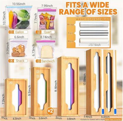 6 In 1 Bag Storage Organizer with Foil and Plastic Wrap Organizer, Extended Aluminum Foil Dispenser, Bamboo Baggie Organizer for Drawer, Sandwich Bag Organizer for Gallon, Quart, Snack