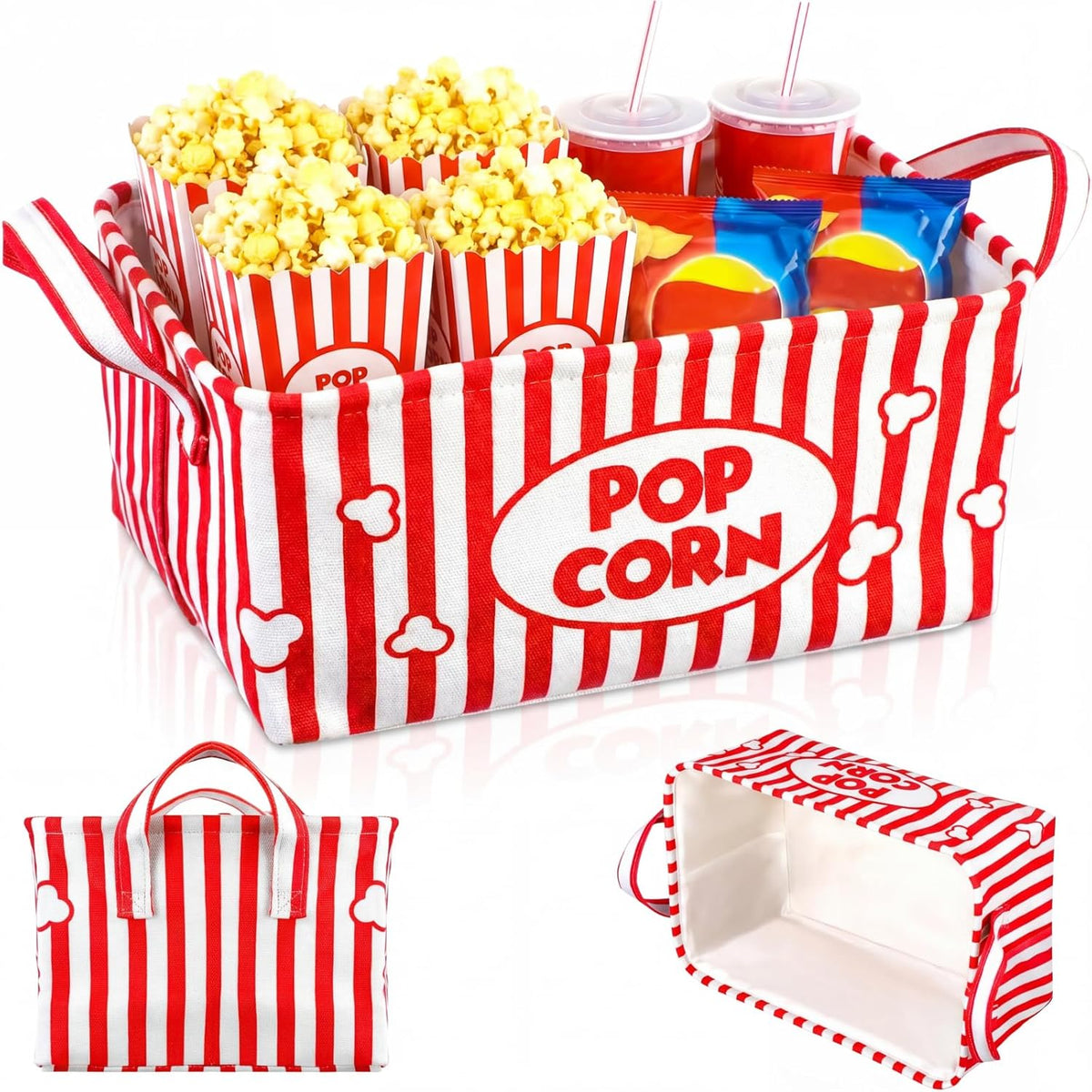 Snack Bar Organizer Basket, Burlap Fabric Snack Storage Holder with Waterproof Lining & Handles, Collapsible Bar Station Organizer Bin for Kitchen Pantry Cabinet Home Movie Night Party