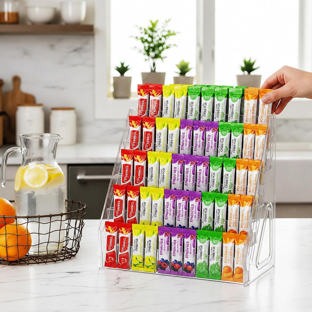 3-Tier Acrylic Drink Packet Organizer with 15 Compartments, Sugar Packets Drink Mix Organizer, Water Flavor Packet Holder for Kitchen Pantry Cabinet Storage,Coffee Station