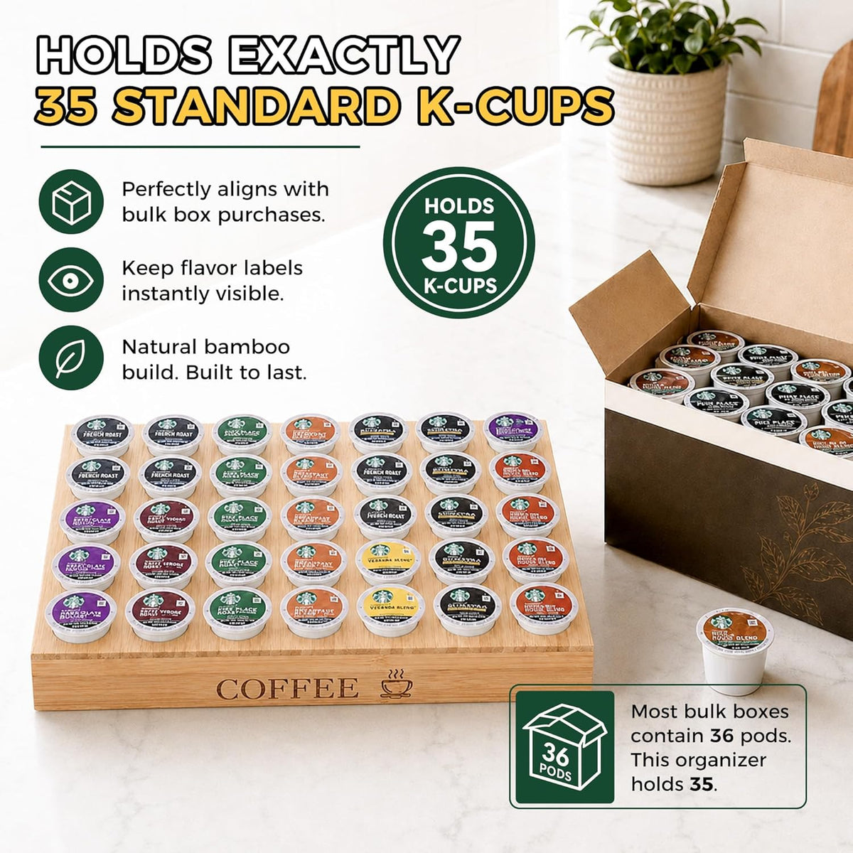 MinBoo BamBoo k cup holder Drawer or Countertop k cup Organizer Coffee Pod Holder Hold 35 Coffee Pod Storage Kcup coffee pods holder for coffee station Office and Kitchen k cup storage