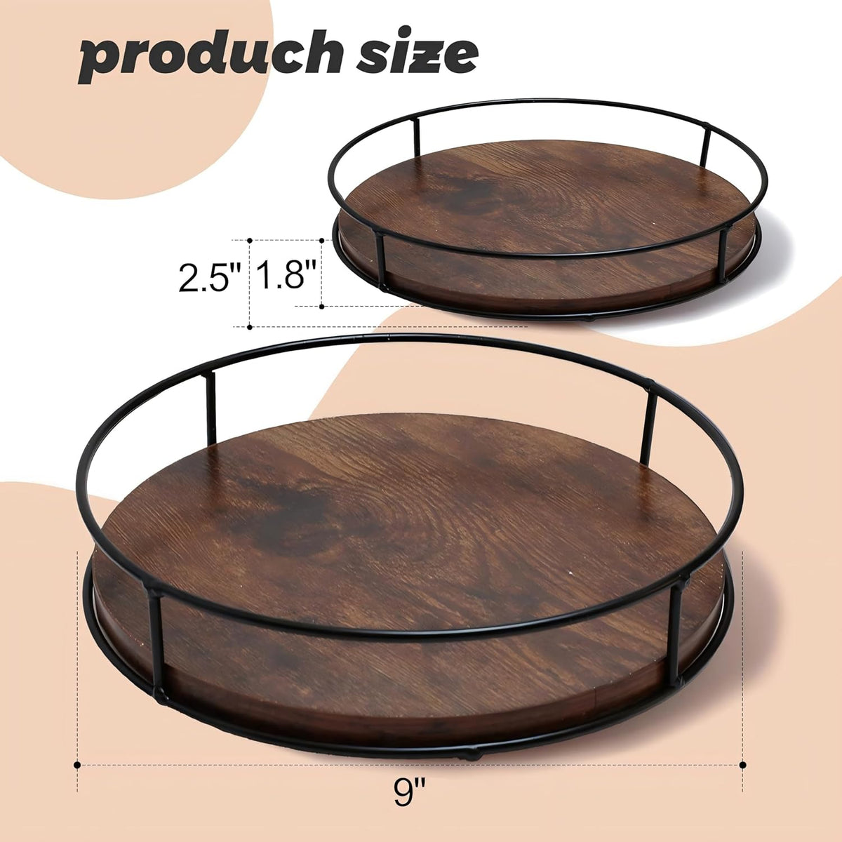 9" Acacia Wood Lazy Susan Turntable, Tomoaza Kitchen Organizer Turntable with Steel Sides, 360 Degree Lazy Susan for Countertop Cabinet or Dining Table