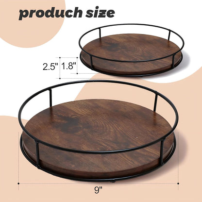 9" Acacia Wood Lazy Susan Turntable, Tomoaza Kitchen Organizer Turntable with Steel Sides, 360 Degree Lazy Susan for Countertop Cabinet or Dining Table