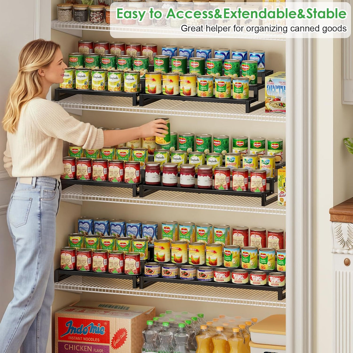 Dmevkic 3-Tier Expandable Can Organizer for Pantry,Adjustable 15''-25'' Metal Can Organizer Holds Up to 24 Cans,Can Holder for Pantry Kitchen Cabinet Countertop,Black