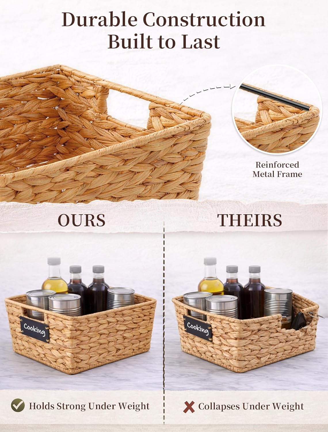 Pantry Organizers and Storage, Water Hyacinth Storage Baskets for Shelves, Natural Baskets for Organizing, Pantry Baskets with Chalkboard Labels and Marker