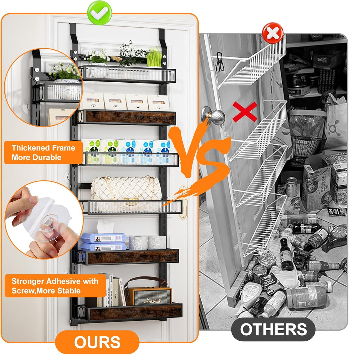 8 Tier Pantry Door Organizer Spice Rack, 2-IN-1 Wall Mount or Hanging Over Door Seasoning Organizer with Adjustable Baskets, Heavy Duty Behind Door Storage Shelves for Pantry, Cabinet and Kitchen