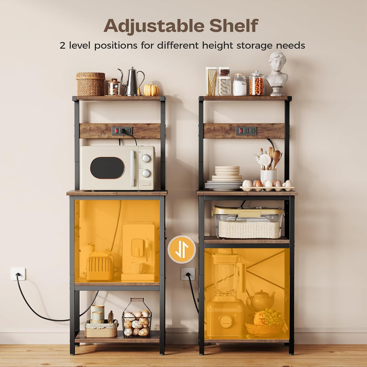 SUPERJARE Kitchen Bakers Rack with Power Outlet, Coffee Bar Table 4 Tiers, Kitchen Microwave Stand with 6 S-shaped Hooks, Storage Shelf Rack for Spices, Pots and Pans - Rustic Brown