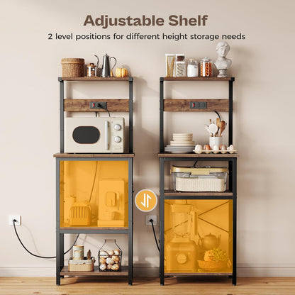 SUPERJARE Kitchen Bakers Rack with Power Outlet, Coffee Bar Table 4 Tiers, Kitchen Microwave Stand with 6 S-shaped Hooks, Storage Shelf Rack for Spices, Pots and Pans - Rustic Brown