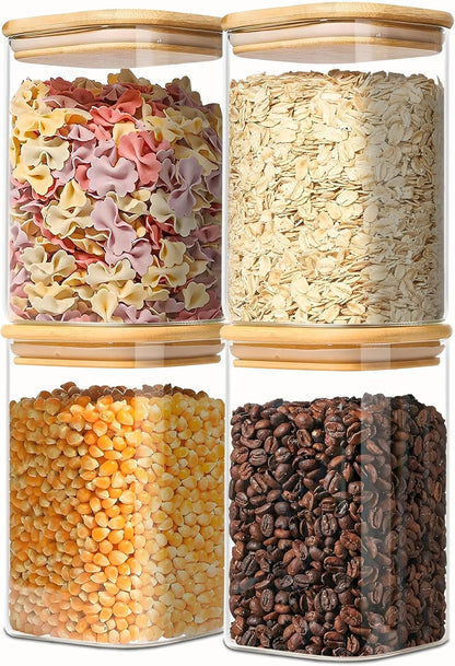 2.2 Qt Square Glass Storage Containers with Lids, Clear Food Storage Container Jar with Sealing Bamboo Lid Storage Containers for Pasta, Oats, Coffee, Flour, Sugar (Square -3Pack)