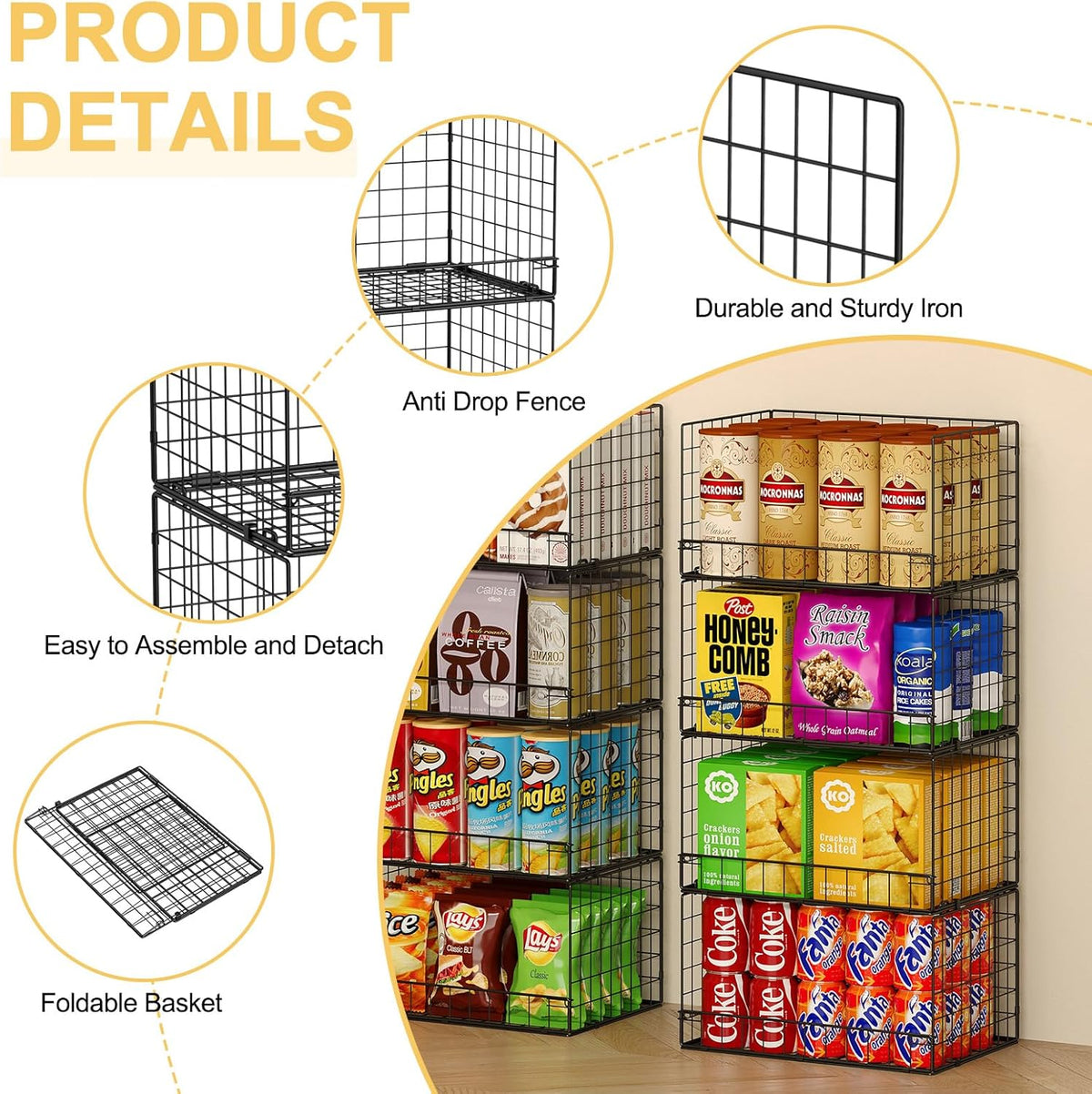 4 Pack Stackable Wire Baskets for Pantry Organizers and Storage, Pantry Baskets with Fixed Wooden Top, Fruit and Vegetable Storage Bins for Organizing Onion Potato Snack for Kitchen Cabinet/Countertop