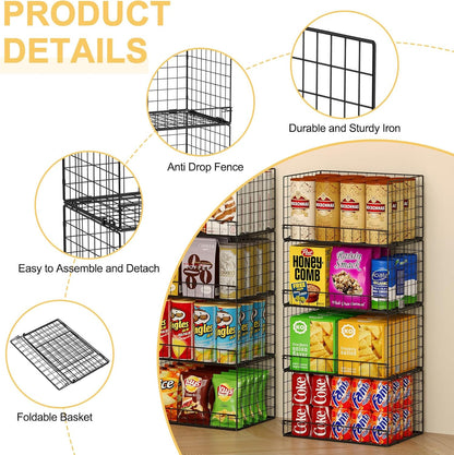 4 Pack Stackable Wire Baskets for Pantry Organizers and Storage, Pantry Baskets with Fixed Wooden Top, Fruit and Vegetable Storage Bins for Organizing Onion Potato Snack for Kitchen Cabinet/Countertop