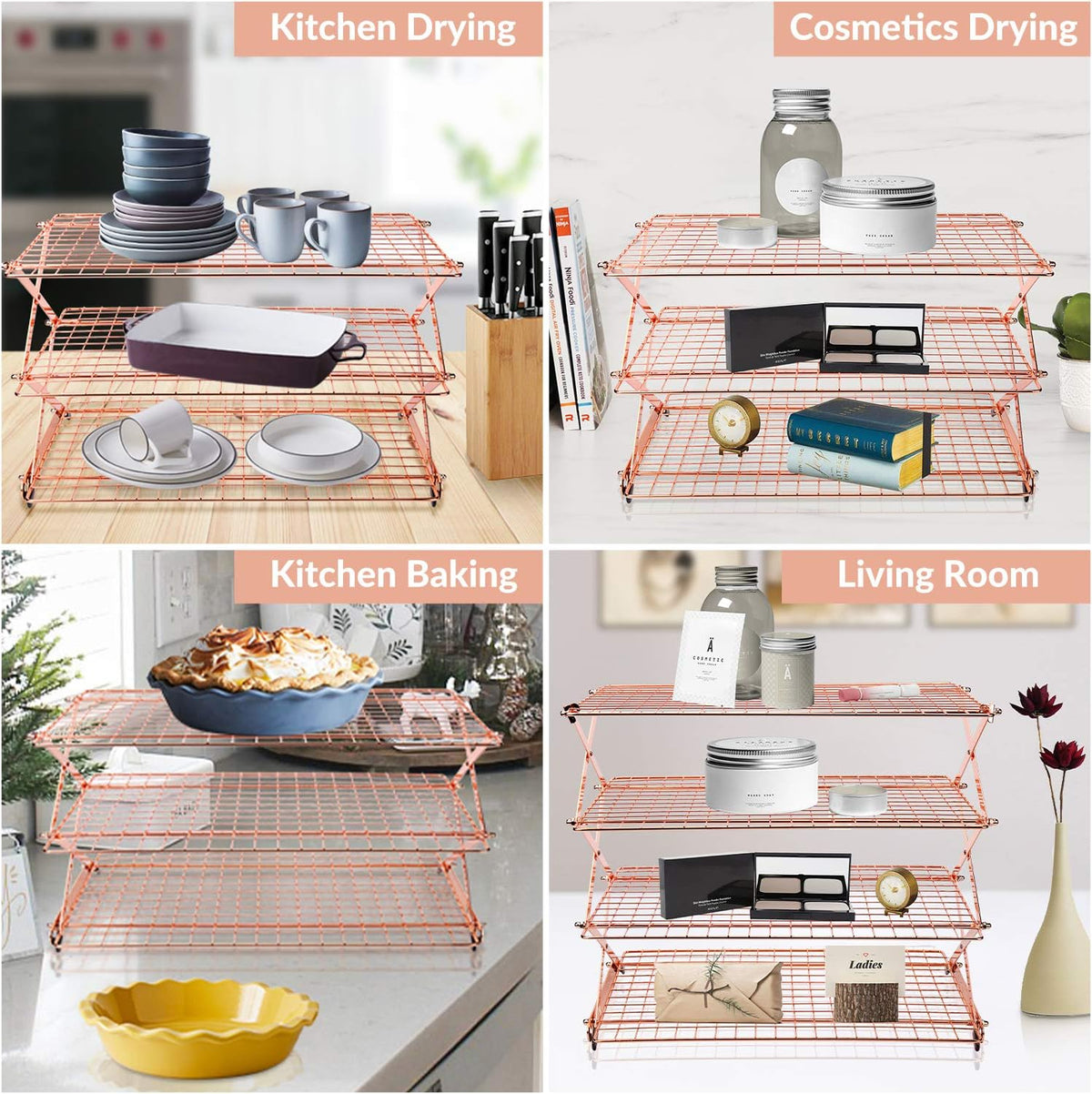 Geesta 2/3/4-Tier Upgraded Collapsible Cooling Rack with Adjustable 3 Setting Design Stackable Roasting Cooking Drying Wire Cooling Rack for Cookies Baking Gifts for Women
