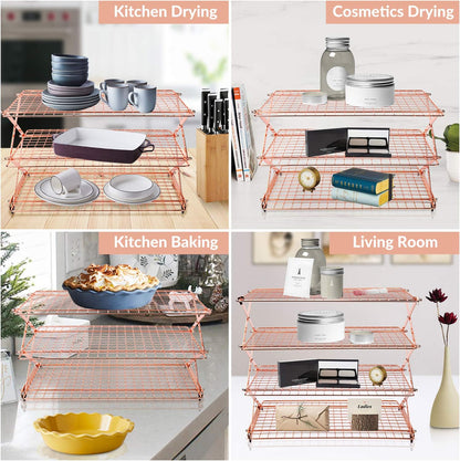 Geesta 2/3/4-Tier Upgraded Collapsible Cooling Rack with Adjustable 3 Setting Design Stackable Roasting Cooking Drying Wire Cooling Rack for Cookies Baking Gifts for Women