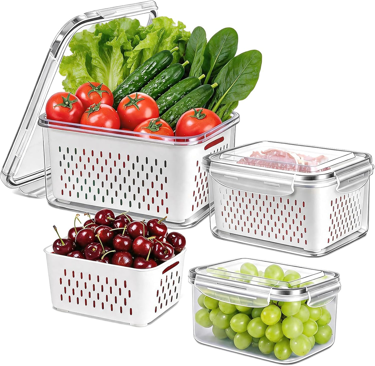 8 Pieces Fruit Storage Container for Fridge, 4Pack Plastic Fruit Containers for Fridge with Removable Colander, Container for Fruit Berry Salad Lettuce, BPA Free Kitchen Refrigerator Organizers